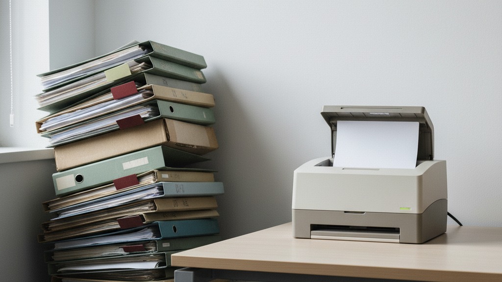 Pilha de pastas e caixas de arquivo físico empilhadas ao lado de uma mesa de escritório onde um scanner corporativo digitaliza documentos, ilustrando o custo de guardar arquivo físico na empresa