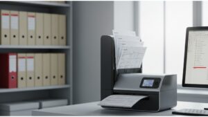 Scanner corporativo de alta produtividade digitalizando pilha de documentos fiscais em escritório de contabilidade, com pastas de arquivo físico ao fundo sendo substituídas por tela digital, ilustrando quanto tempo guardar documentos fiscais em formato físico versus digital