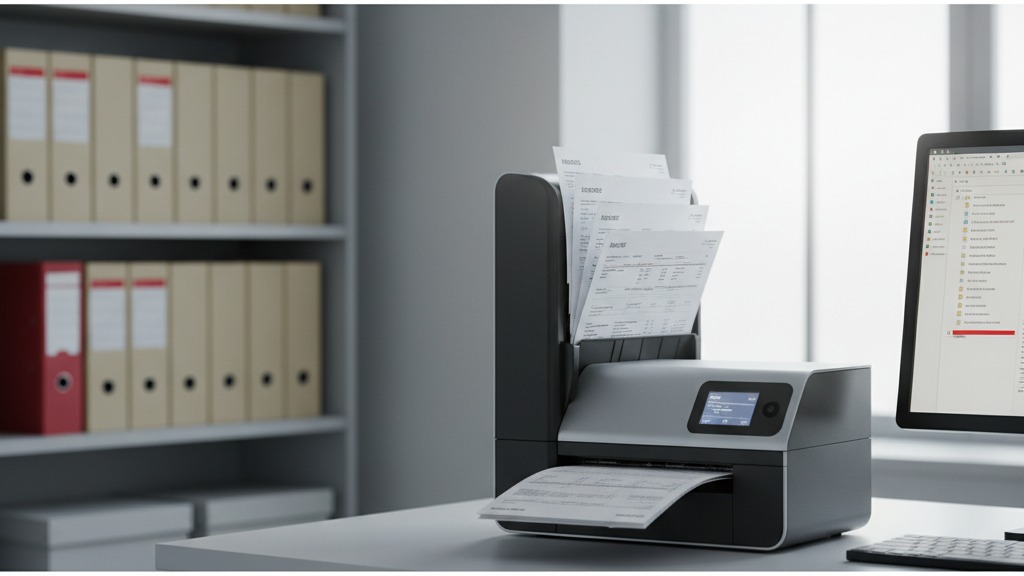 Scanner corporativo de alta produtividade digitalizando pilha de documentos fiscais em escritório de contabilidade, com pastas de arquivo físico ao fundo sendo substituídas por tela digital, ilustrando quanto tempo guardar documentos fiscais em formato físico versus digital