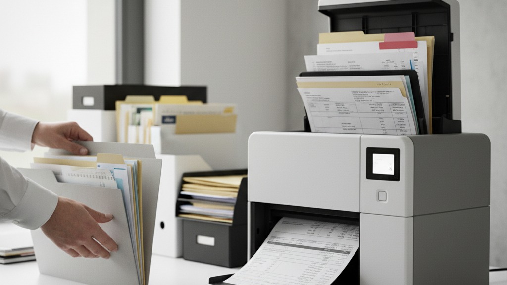 Scanner corporativo com alimentador automático de folhas digitalizando pastas de documentos trabalhistas em um escritório de departamento pessoal organizado
