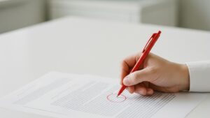 Mão segurando caneta vermelha e circulando uma marcação sobre contrato de locação de impressoras, com um segundo documento de proposta de renovação sobreposto ao lado