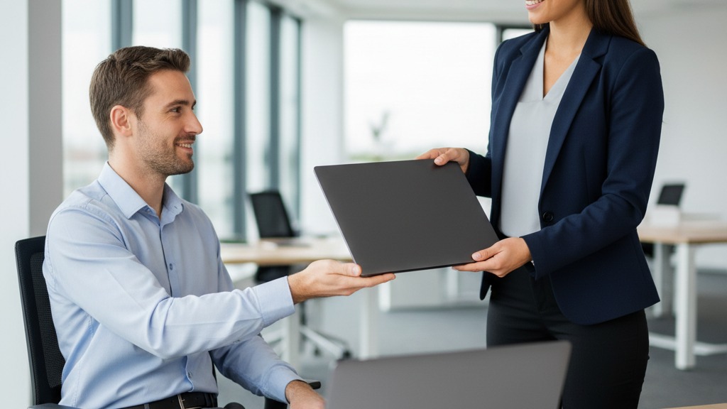 Técnico de TI entregando um notebook corporativo reserva a um colaborador em escritório, ilustrando o SLA de suporte técnico para notebook corporativo